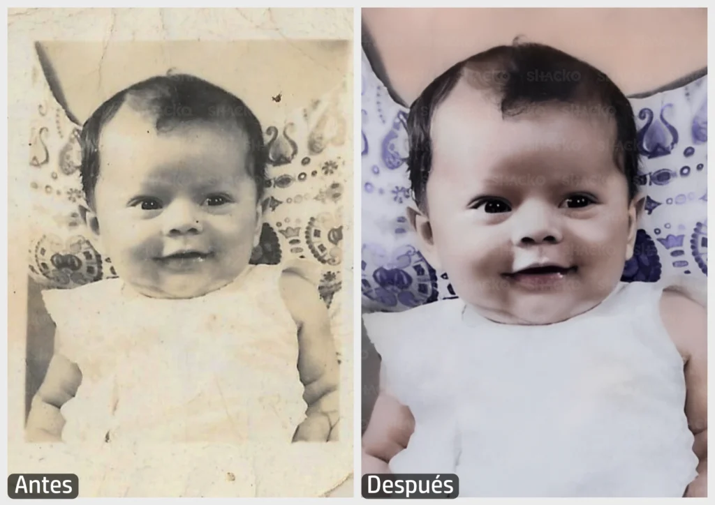 Restauración de foto antigua de una bebé de 2 meses, foto original en color amarillo con baja definición y manchas. En la versión restaurada, la imagen tiene colores vibrantes, alta resolución y detalles nítidos.