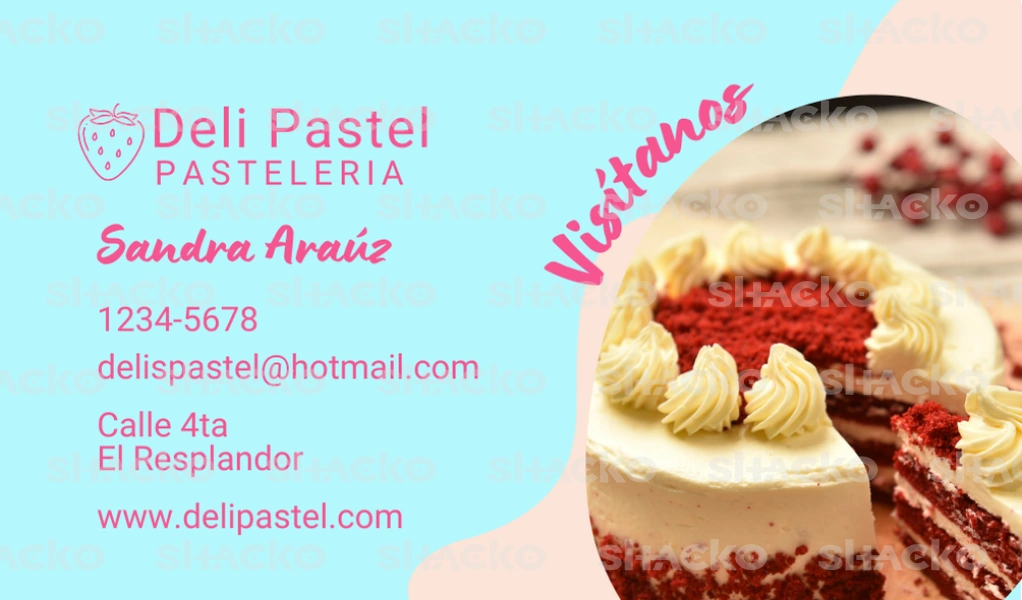 Tarjeta comercial en colores celeste, rosa y crema, ideal para una pasteler&iacute;a. Suavidad y dulzura que reflejan el esp&iacute;ritu de los dulces.