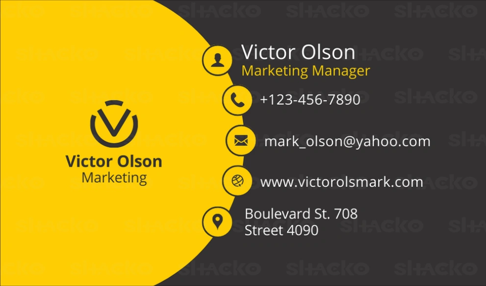 Tarjeta de negocios en colores amarillo y gris combinados para un marketing manager como Victor Olson. Dise&ntilde;o elegante y profesional.