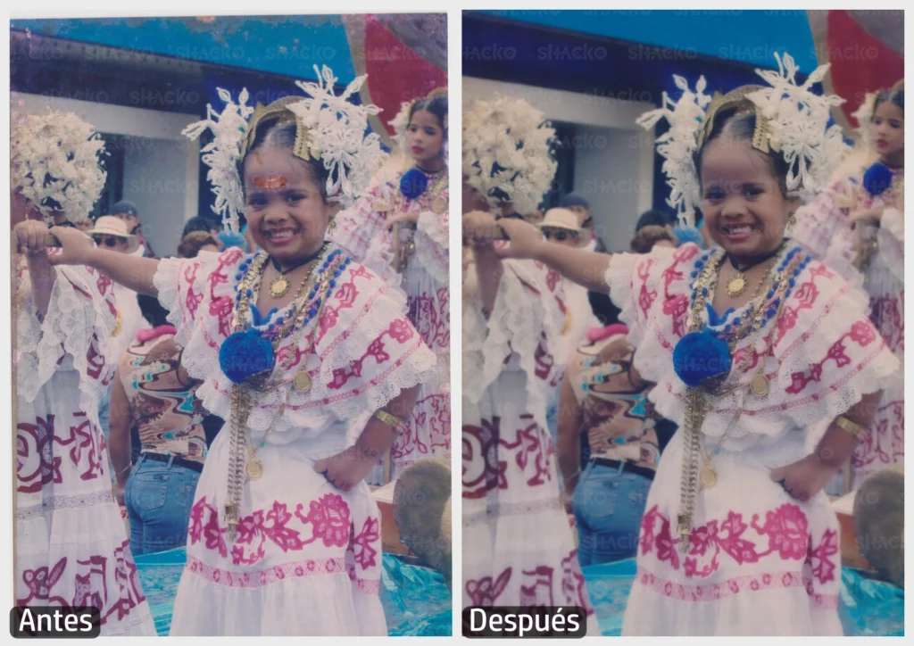 Instantánea de una niña utilizando una pollera de Panamá, en una caravana. La foto tiene algunos daños y ha sido corregida digitalmente.